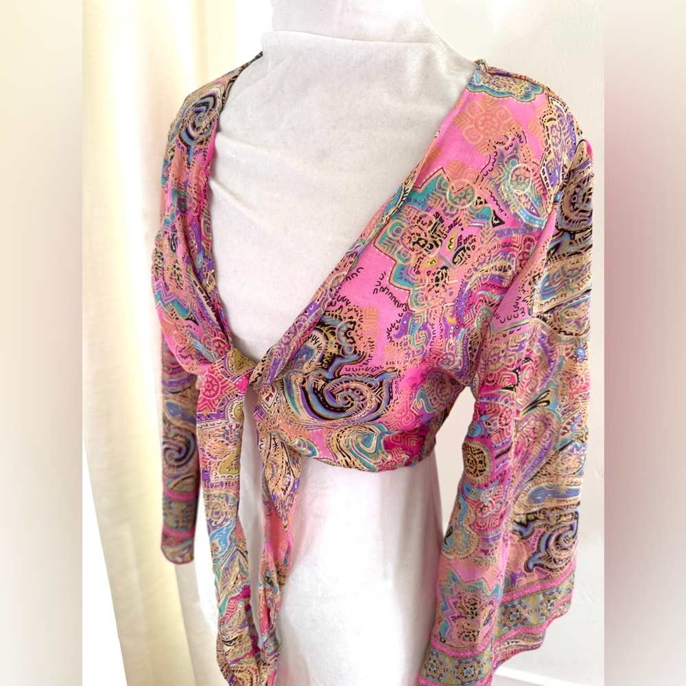 Colorful paisley print boho tie front shirt NWOT